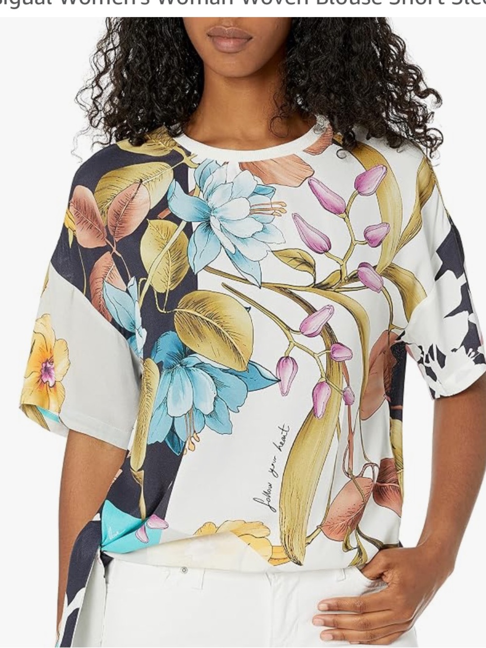 ✨ Desigual Florence Floral Side-Tie Blouse - "Follow Your Heart" Graphic Top Siz